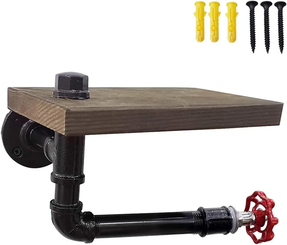 جا دستمال کاغذی لوله صنعتی دیواری با قفسه چوبی، جا دستمال کاغذی رولی حمام، جنس چدن مشکی وینتیج