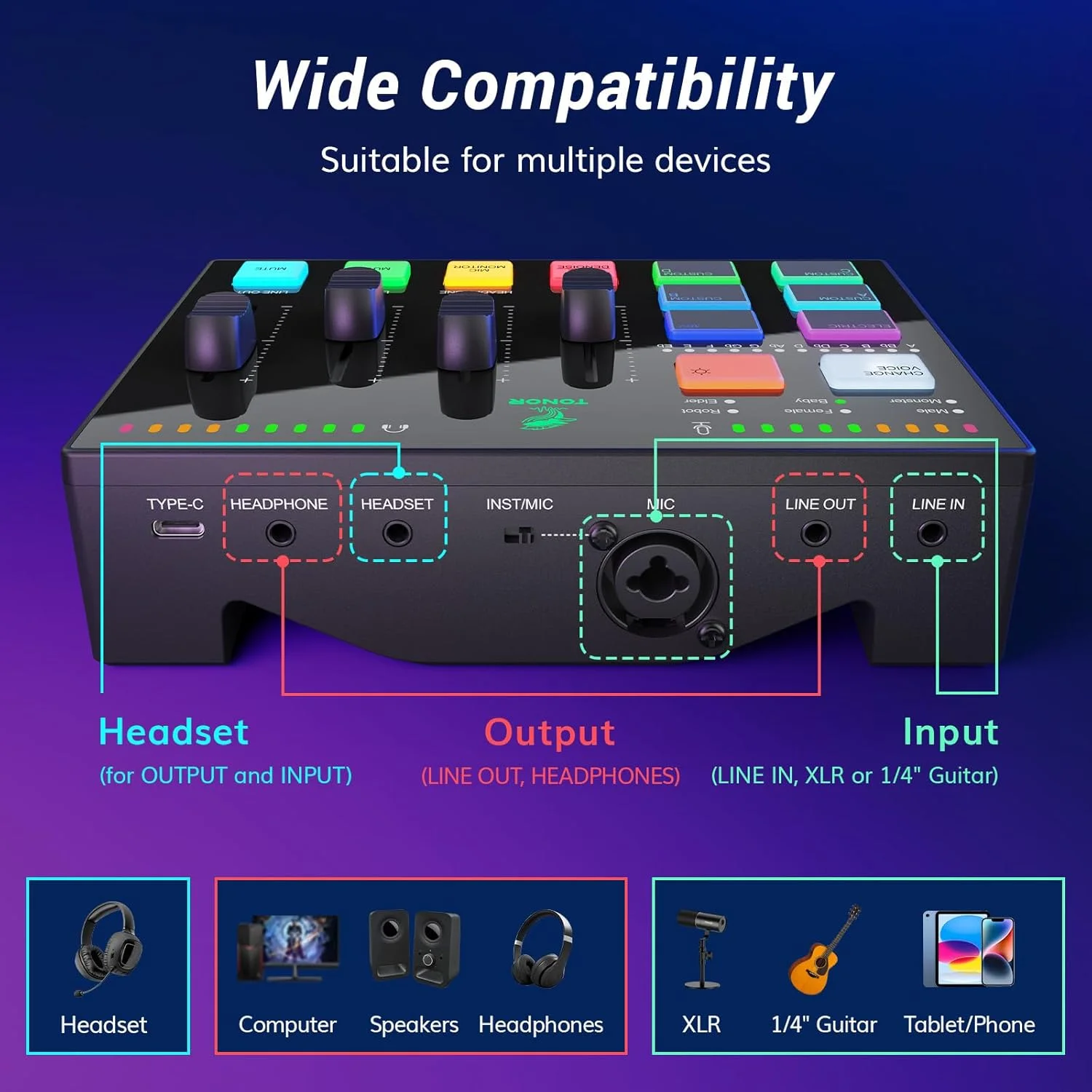 کارت صدای گیمینگ TONOR مدل TX310، میکسر صوتی RGB با پری امپ حرفه ای، کانال های 6.5 میلی متری و XLR، پشتیبانی از ورودی ساز، کنترل های مستقل صدا، مناسب برای بازی، پخش زنده و تولید محتوا کارت صدای گیمینگ TONOR مدل TX310، میکسر صوتی RGB با پری امپ حرفه ای، کانال های 6.5 میلی متری و XLR، پشتیبانی از ورودی ساز، کنترل های مستقل صدا، مناسب برای بازی، پخش زنده و تولید محتوا