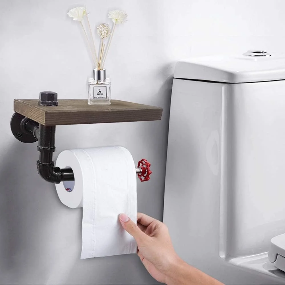 جا دستمال کاغذی لوله صنعتی دیواری با قفسه چوبی، جا دستمال کاغذی رولی حمام، جنس چدن مشکی وینتیج