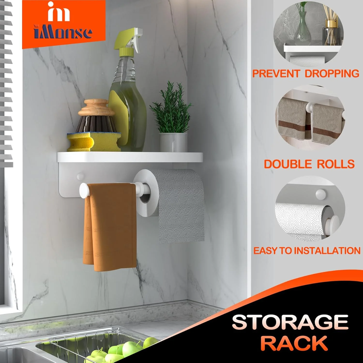 جا دستمال کاغذی دو قلو iMonse با قفسه، نگهدارنده حوله کاغذی دیواری، جا رولی دستمال کاغذی برای حمام، آشپزخانه، RV، جا رولی دستمال کاغذی دو قلو سفید با چسب و پیچ