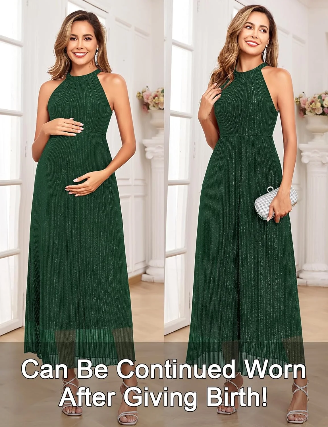 لباس بارداری توری براق AISWI، یقه هالتر، بدون آستین، مدل A-Line، مناسب دوران بارداری، نیمه رسمی، جشن نوزاد، عکاسی