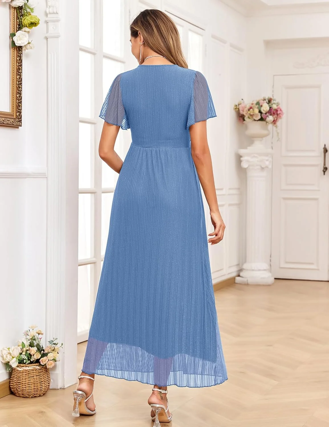 لباس بارداری ماکسی توری براق آستین پفی یقه هفت مدلWrap مناسب دوران بارداری، مهمانی و عکاسی