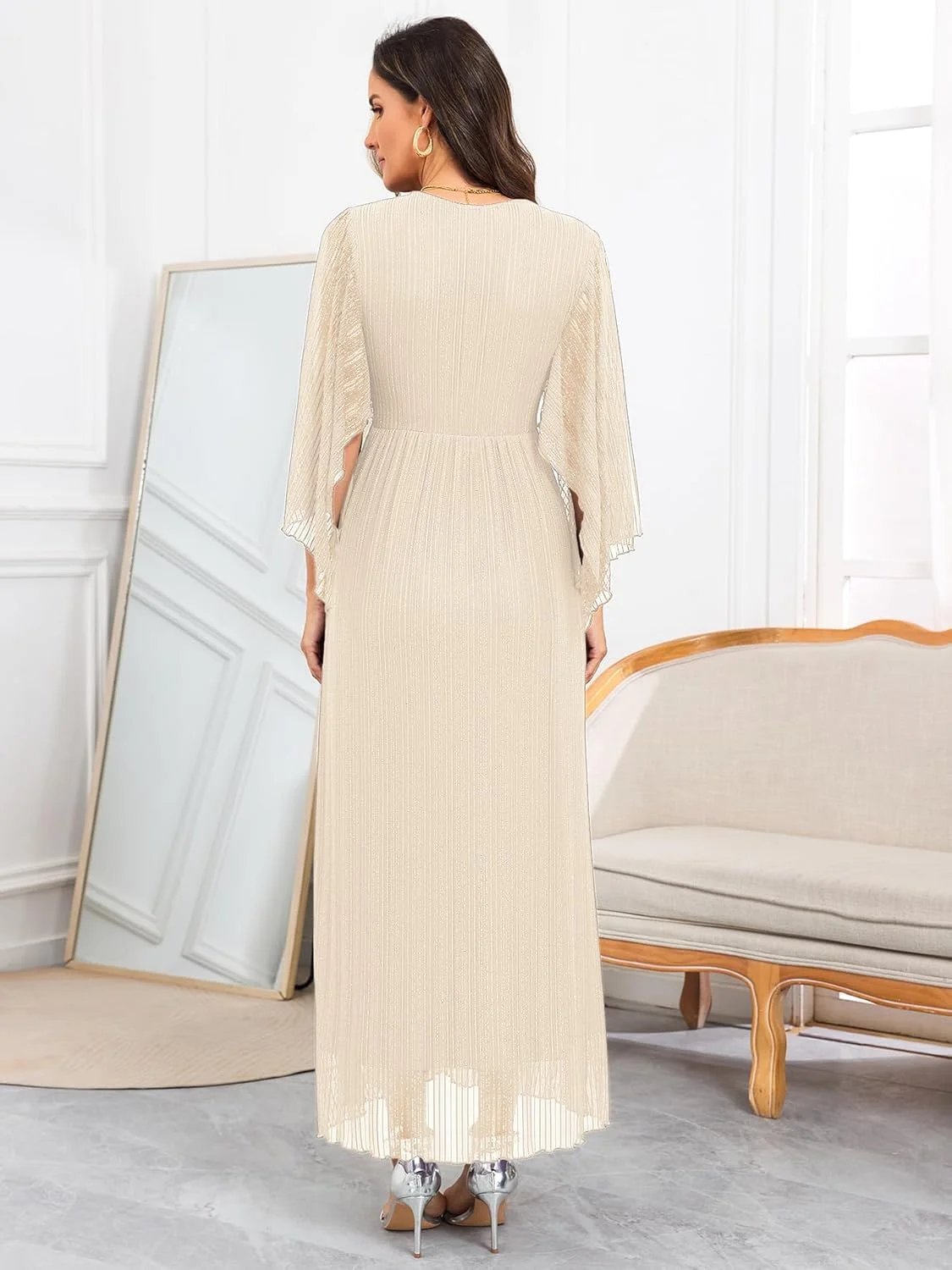 لباس بارداری ماکسی توری براق AISWI، آستین های دستمالی، یقه هفت، لباس های بارداری بلند و روان مناسب جشن نوزاد و مجالس رسمی