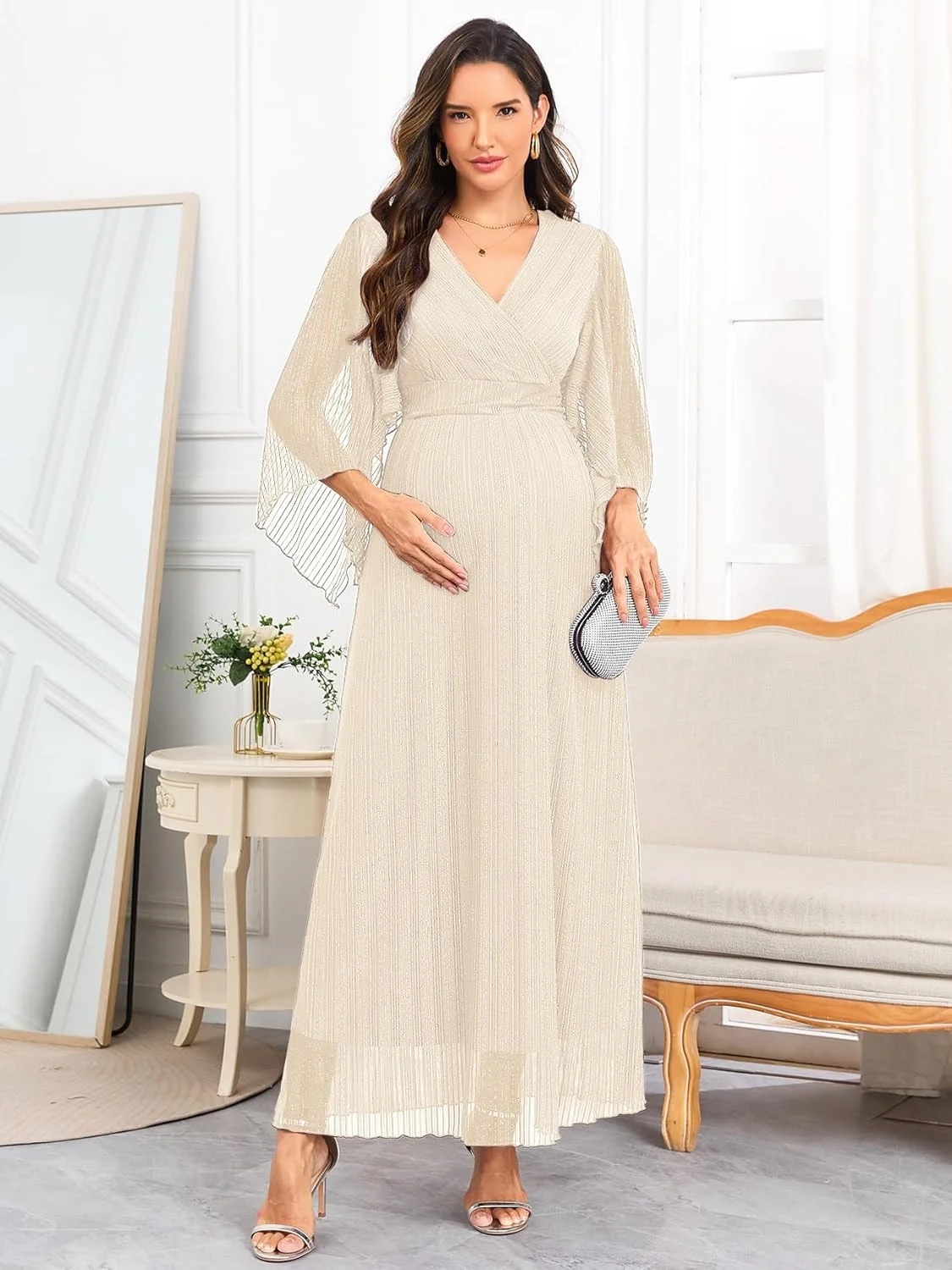 لباس بارداری ماکسی توری براق AISWI، آستین های دستمالی، یقه هفت، لباس های بارداری بلند و روان مناسب جشن نوزاد و مجالس رسمی