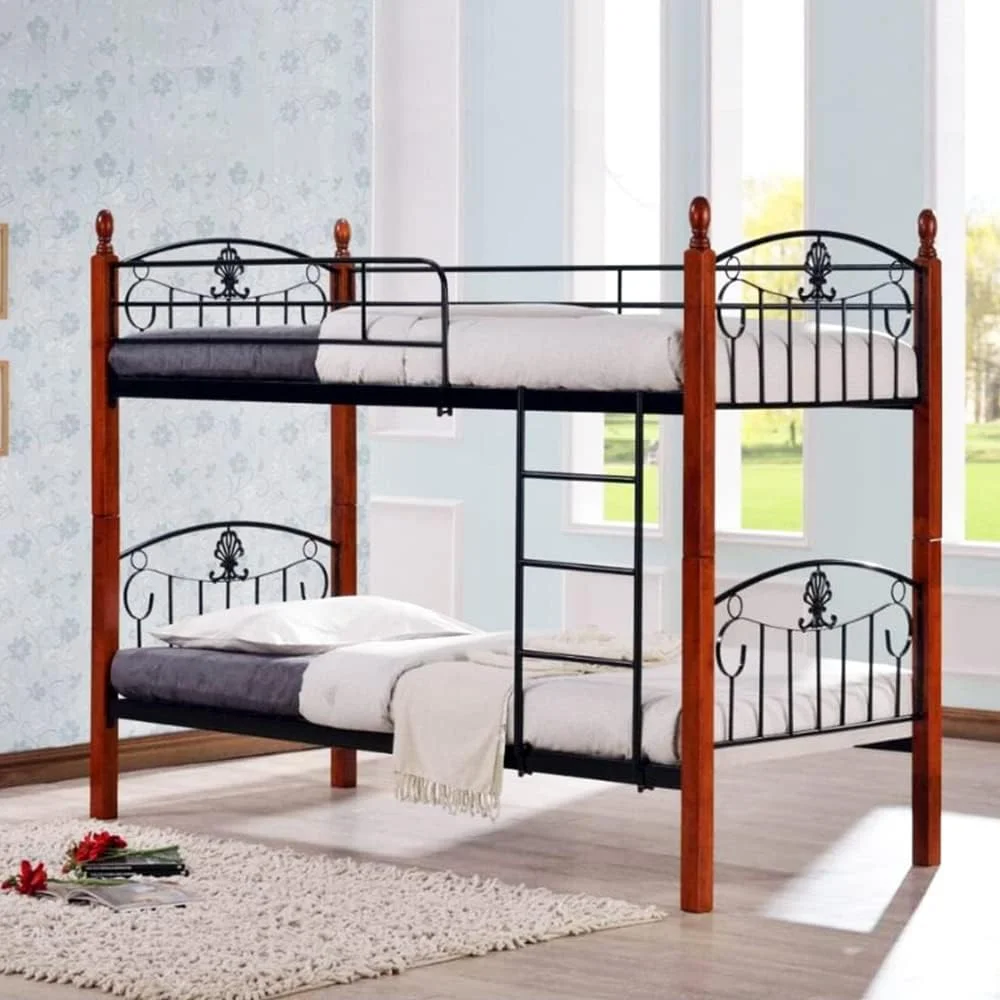 تخت دو طبقه فلزی چوبی کارناک مدل KB917 به همراه 2 عدد تشک طبی، ساخته شده از فلز و چوب محکم با نرده های محافظ بادوام مناسب برای منزل، اتاق نوزاد، آپارتمان و استودیو