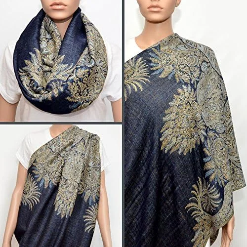 Totmizby Nursing Cover - Nursing Scarf - Nursing Infinity Scarf - Breastfeeding Cover (Navy Blue with Floral Golden Beige Pattern)