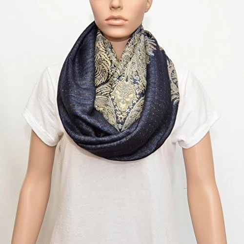 Totmizby Nursing Cover - Nursing Scarf - Nursing Infinity Scarf - Breastfeeding Cover (Navy Blue with Floral Golden Beige Pattern)