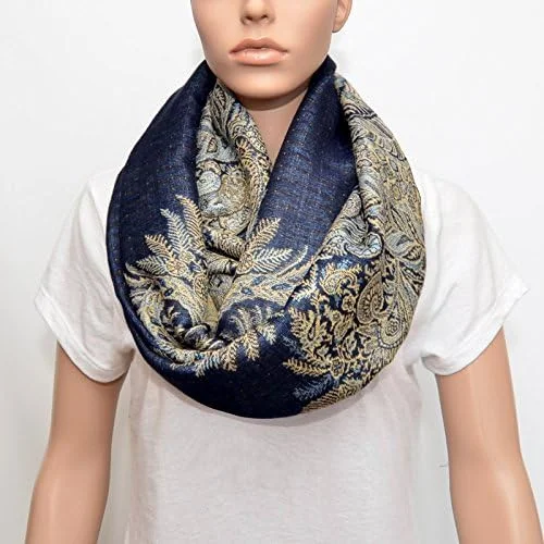 Totmizby Nursing Cover - Nursing Scarf - Nursing Infinity Scarf - Breastfeeding Cover (Navy Blue with Floral Golden Beige Pattern)
