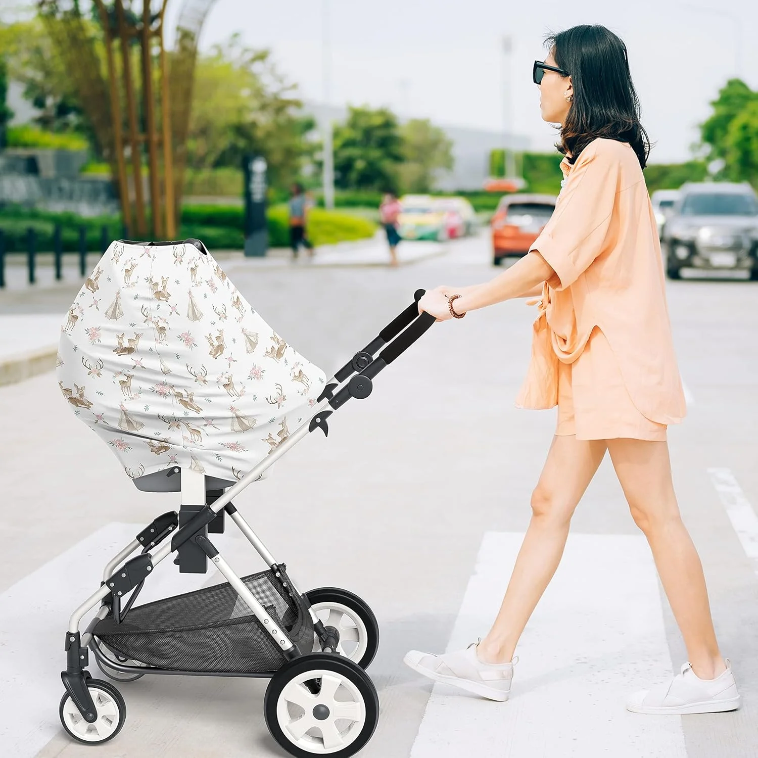 روکش صندلی ماشین نوزاد، شیردهی، سبد خرید و کالسکه دخترانه طرح گوزن جنگلی و گلدار Sweet Jojo Designs، صورتی، نعنایی و آبرنگی به سبک بوهو و جنگلی