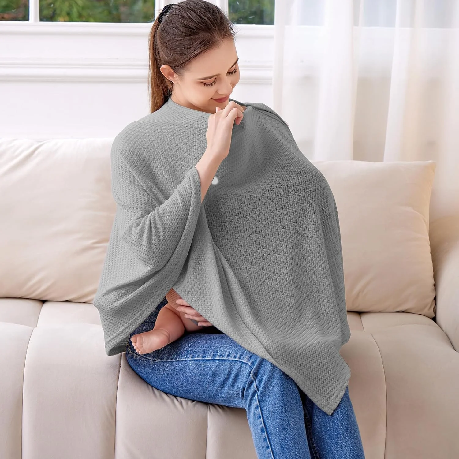 روپوش شیردهی بافتنی برای تغذیه نوزاد، نرم و تنفسی، گردن پهن با قابلیت کشش برای دید آسان (خاکستری)