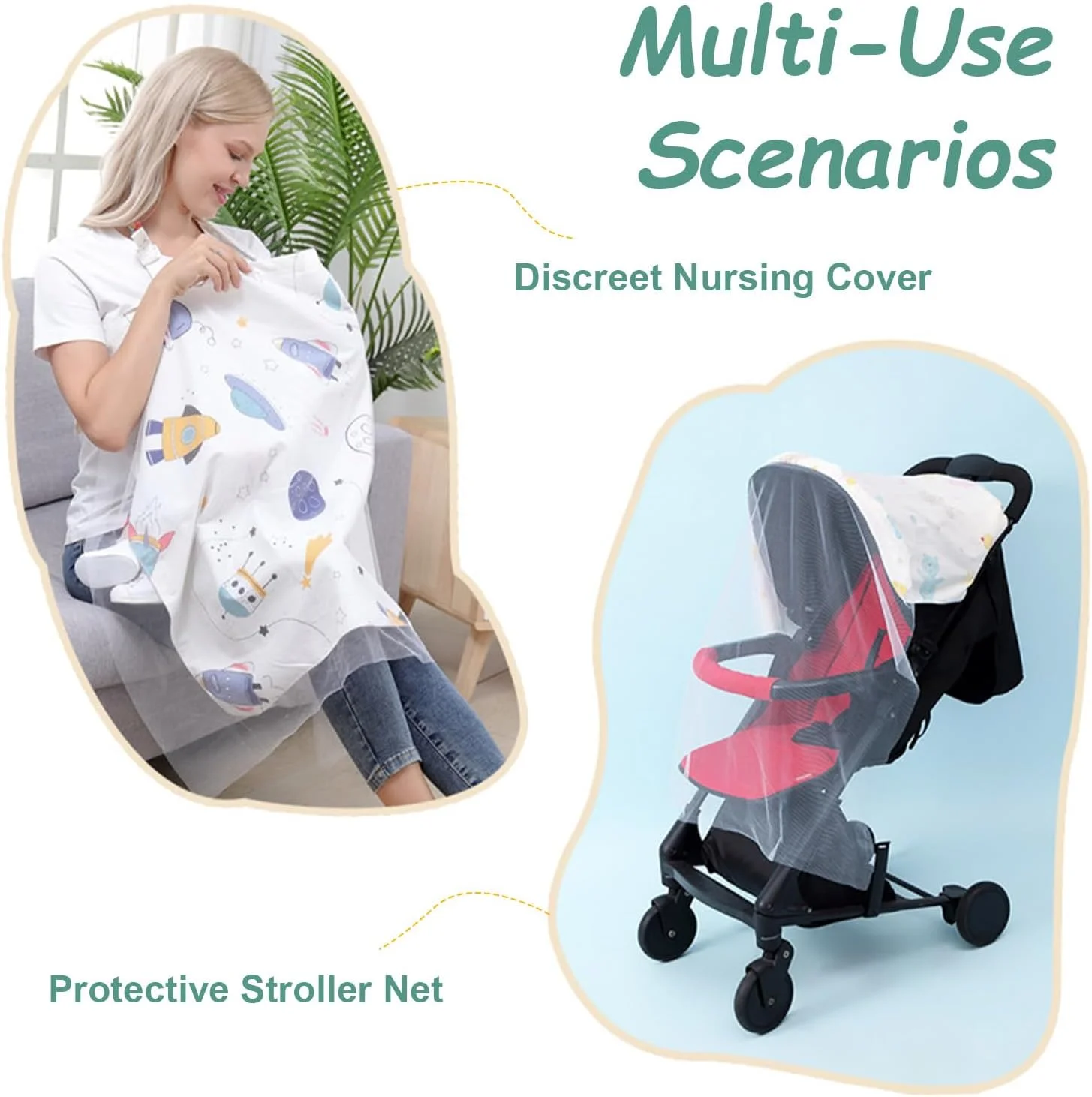 روپوش شیردهی - پنبه سبک و توری تنفسی، پوشش کامل قابل تنظیم - سایبان چند منظوره صندلی ماشین کودک، سایه بان کالسکه، توری حشره برای مادران (جادوی جنگل)