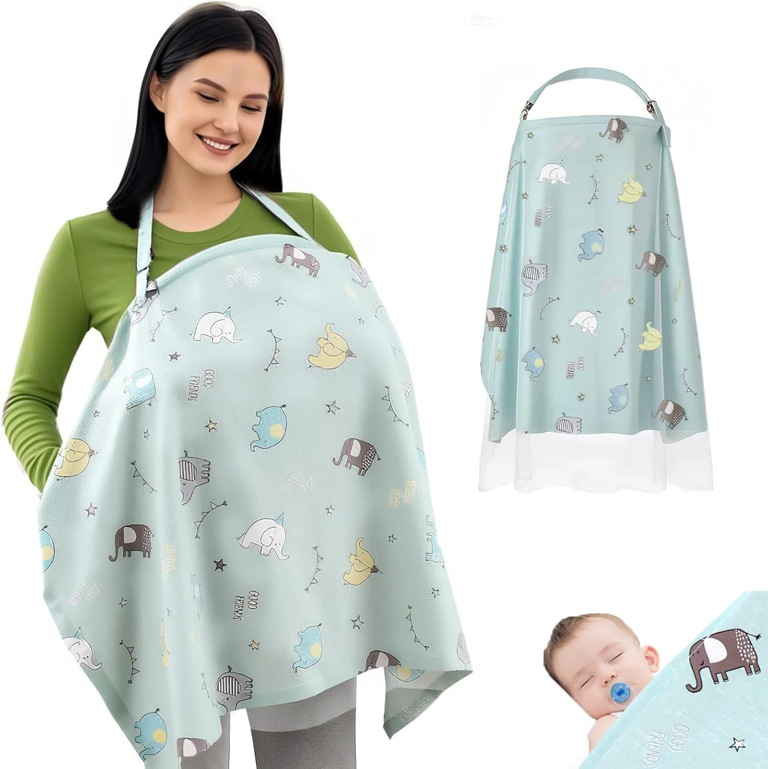 100% Cotton Nursing Cover with Support Ring & Mesh Layer, Breathable Nursing Cover Up for Breastfeeding, Adjustable Arch Neckline Breastfeeding Apron for Women