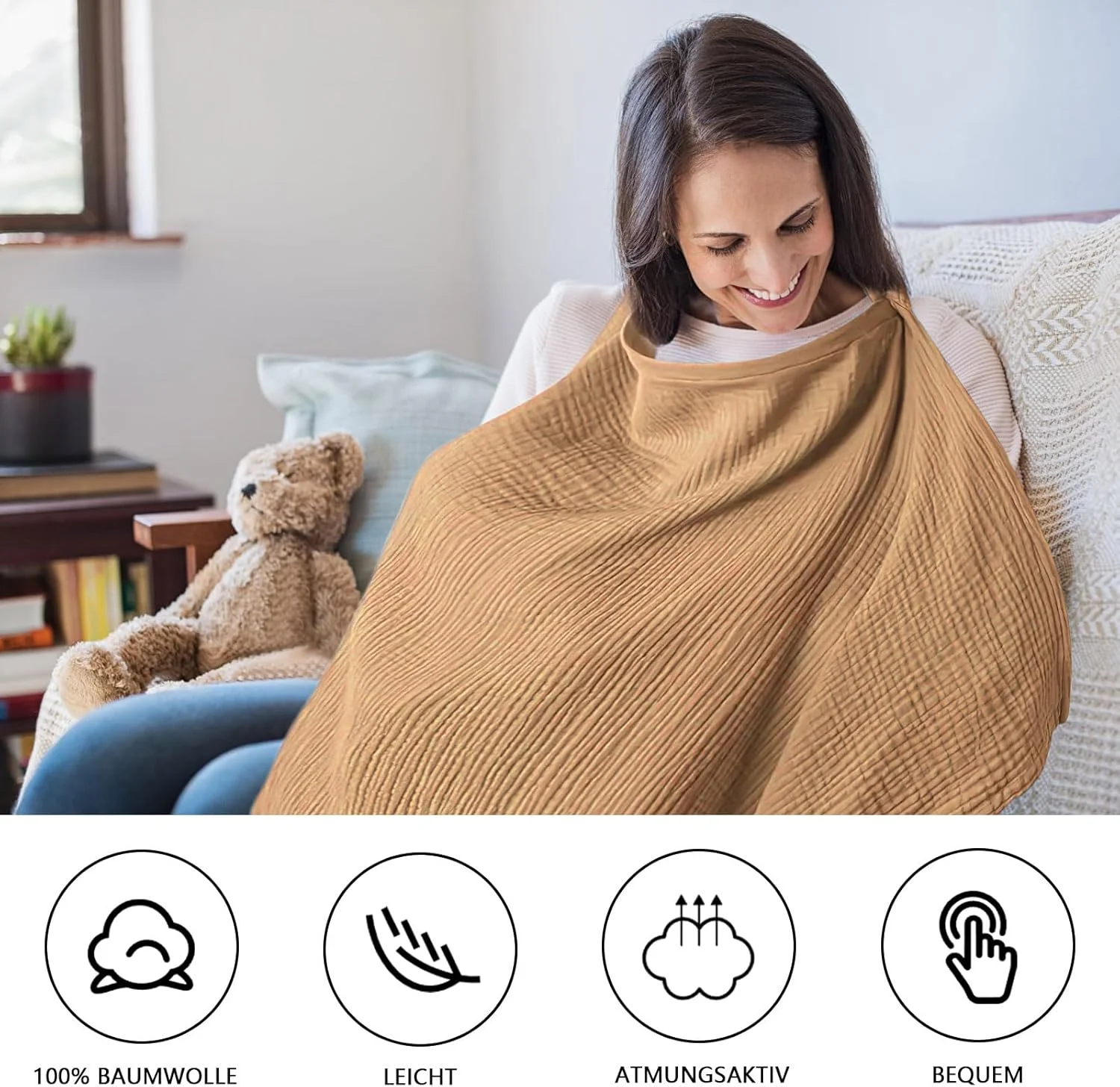 روپوش شیردهی، پیش بند شیردهی، شال شیردهی نرم و تنفس پذیر، پیش بند شیردهی نخی، روپوش شیردهی برای استفاده در بیرون از منزل، هدیه روپوش شیردهی برای مادر (خاکی (خنثی)) (faw)