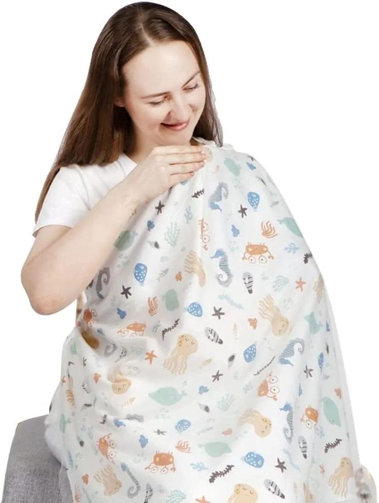 Nursing Cover for Baby Breastfeeding, Cotton Breathable Muslin Breastfeeding with Adjustable Strap, Apron Up 360° Full Coverage Mother (Sea Animal Pattern)
