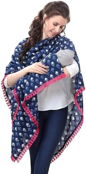 easy feed maternity nursing cover scarf for baby breastfeeding multi use poncho style elegant breathable apron made by cotton blend material for pre & post pregnancy (blue)