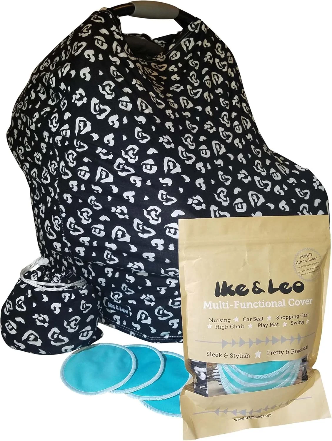 Ike & Leo Baby Car Seat Cover Canopy/Nursing Scarf with 2 Pairs Organic Bamboo Nursing Pads – Premium 96% Rayon – Best for Breastfeeding, Shopping Cart, High Chair, Carseat, Shower Gift (The