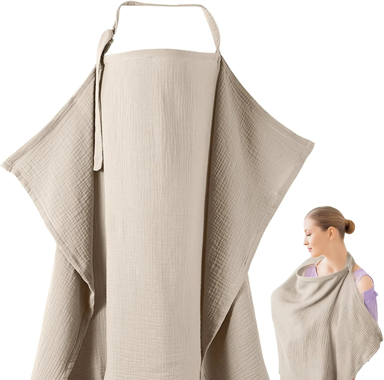 Wanheart Nursing Cover on the Go Muslin Cotton - 100% Breathable Nursing Scarf, 360° Privacy Protection, Adjustable Neck Strap, Baby Nursing Cover, Khaki, 75 x 95 cm, for Public Places and Travel