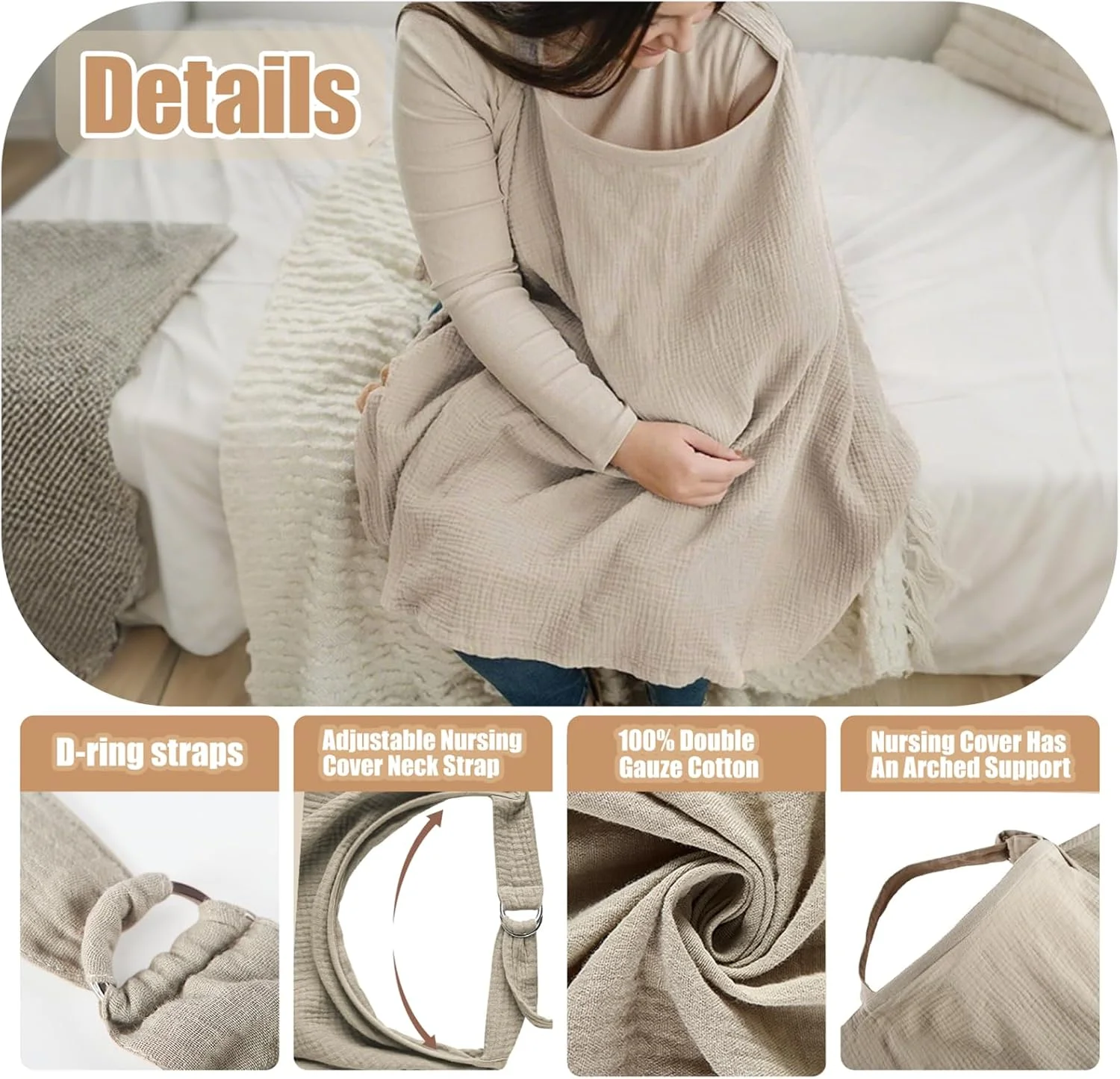 Wanheart Nursing Cover on the Go Muslin Cotton - 100% Breathable Nursing Scarf, 360° Privacy Protection, Adjustable Neck Strap, Baby Nursing Cover, Khaki, 75 x 95 cm, for Public Places and Travel Wanheart Nursing Cover on the Go Muslin Cotton - 100% Breathable Nursing Scarf, 360° Privacy Protection, Adjustable Neck Strap, Baby Nursing Cover, Khaki, 75 x 95 cm, for Public Places and Travel