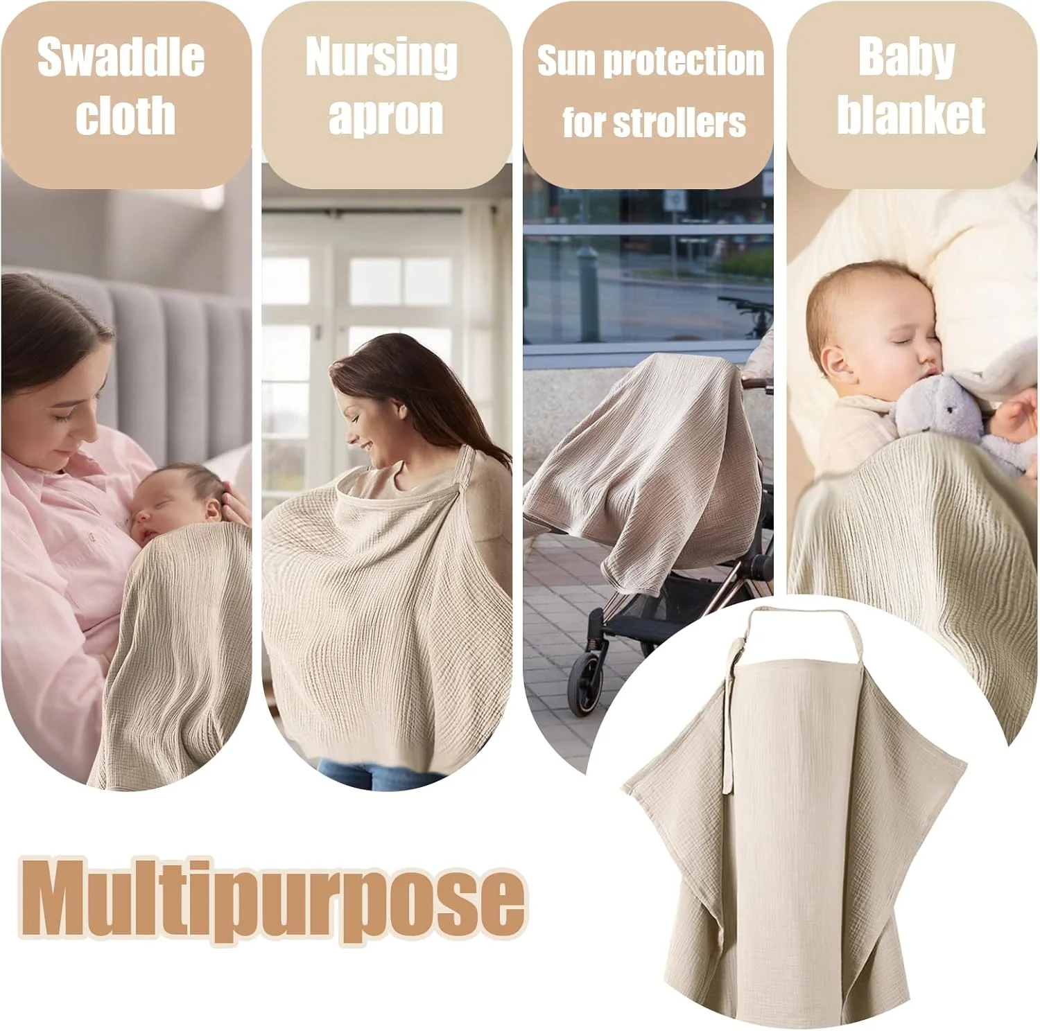 Wanheart Nursing Cover on the Go Muslin Cotton - 100% Breathable Nursing Scarf, 360° Privacy Protection, Adjustable Neck Strap, Baby Nursing Cover, Khaki, 75 x 95 cm, for Public Places and Travel Wanheart Nursing Cover on the Go Muslin Cotton - 100% Breathable Nursing Scarf, 360° Privacy Protection, Adjustable Neck Strap, Baby Nursing Cover, Khaki, 75 x 95 cm, for Public Places and Travel