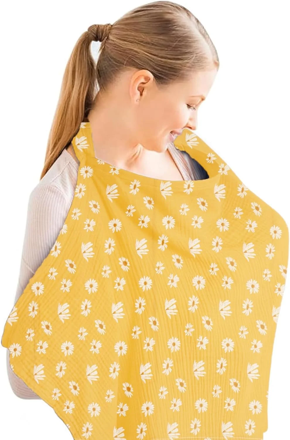 روپوش شیردهی Wasise - طرح گل بابونه، روپوش شیردهی تنفسی، پارچه نخی نرم، روپوش تغذیه کودک با حلقه چوبی قابل تنظیم، لوازم ضروری شیردهی (گل بابونه)