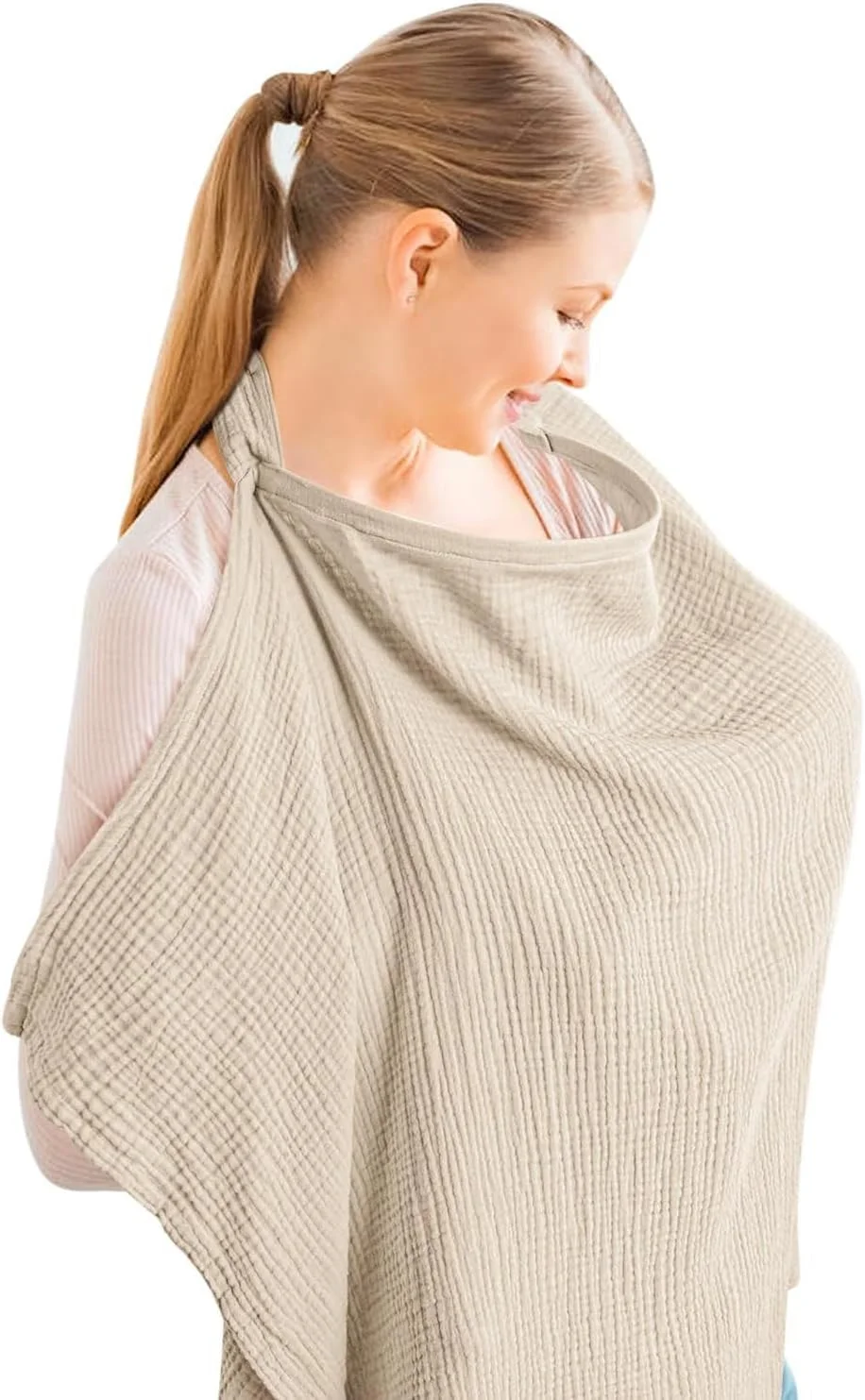 Muslin Cotton Nursing Cover Up for Baby Breastfeeding, Breathable & Soft Privacy Breastfeeding Cover with Arch Neckline for Mom and Baby, Multi-use Adjustable for Mother Nursing Apron(khaki)