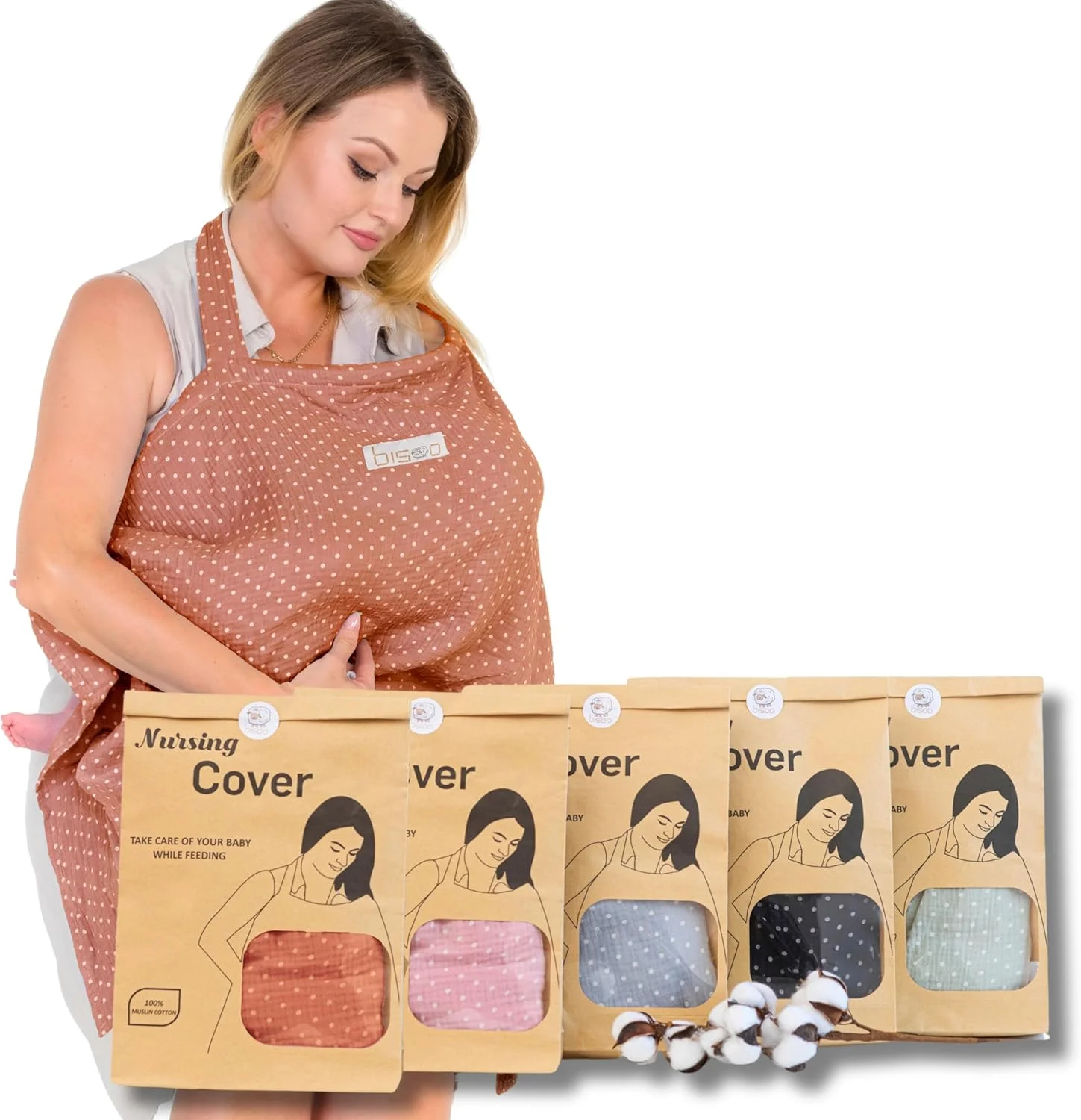 Bisoo Nursing Cover - Adjustable 100% Muslin for a Breathable Privacy While Breastfeeding Your Newborn - Bag Included (Mocha)