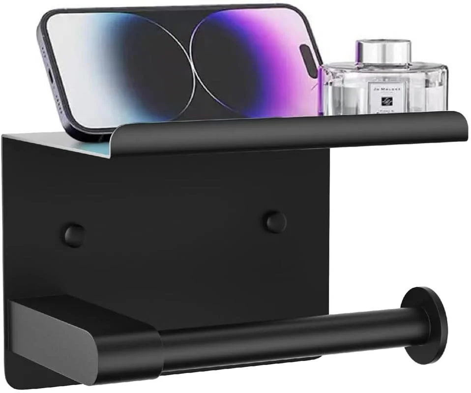 جا دستمال کاغذی توالت هوتو با قفسه تلفن، نصب دیواری چسبی یا پیچی، نگهدارنده رول دستمال کاغذی ضد زنگ استیل ضد زنگ مشکی مات