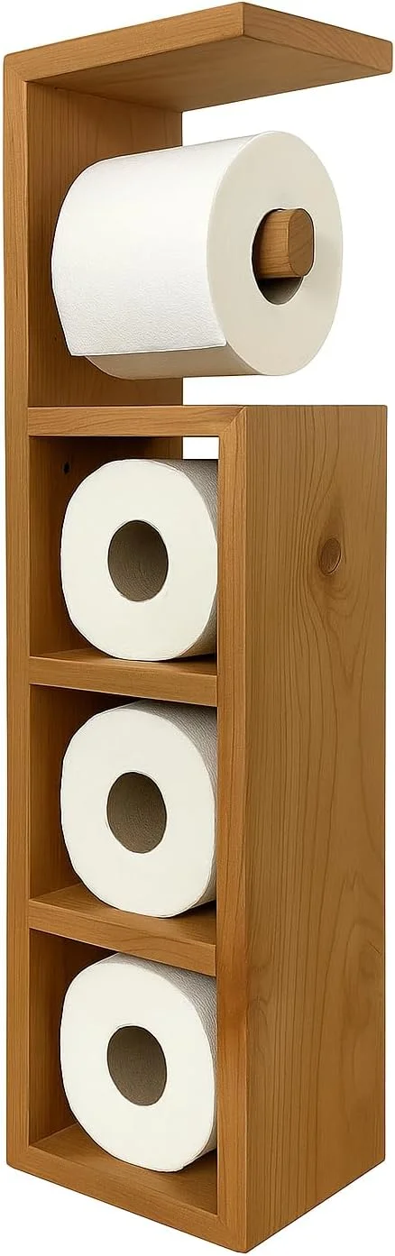 پایه نگهدارنده رول دستمال توالت چوبی Horoof Home® - سازمان دهنده دستمال کاغذی ایستاده، قفسه ذخیره سازی 4 رول، طراحی جمع و جور و صرفه جویی در فضا، ارتفاع 85 سانتی متر، قهوه ای، SM452
