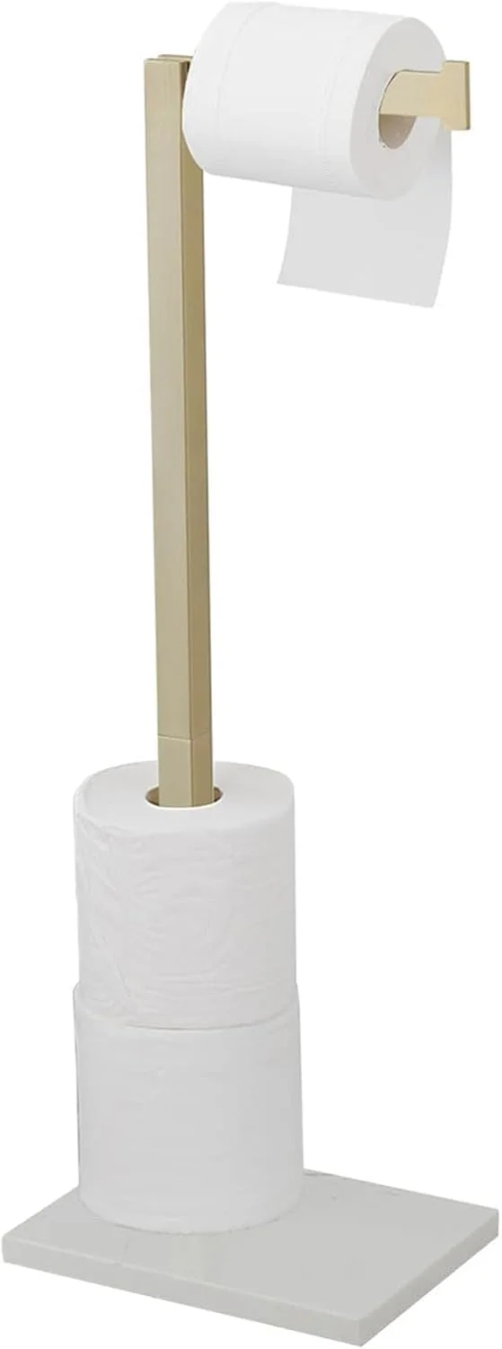 پایه نگهدارنده رول دستمال توالت ایستاده Homevacious، جا دستمال کاغذی حمام با محفظه ذخیره سازی، استیل ضد زنگ SUS 304، ضد زنگ، پایه رول دستمال کاغذی طلایی برس خورده