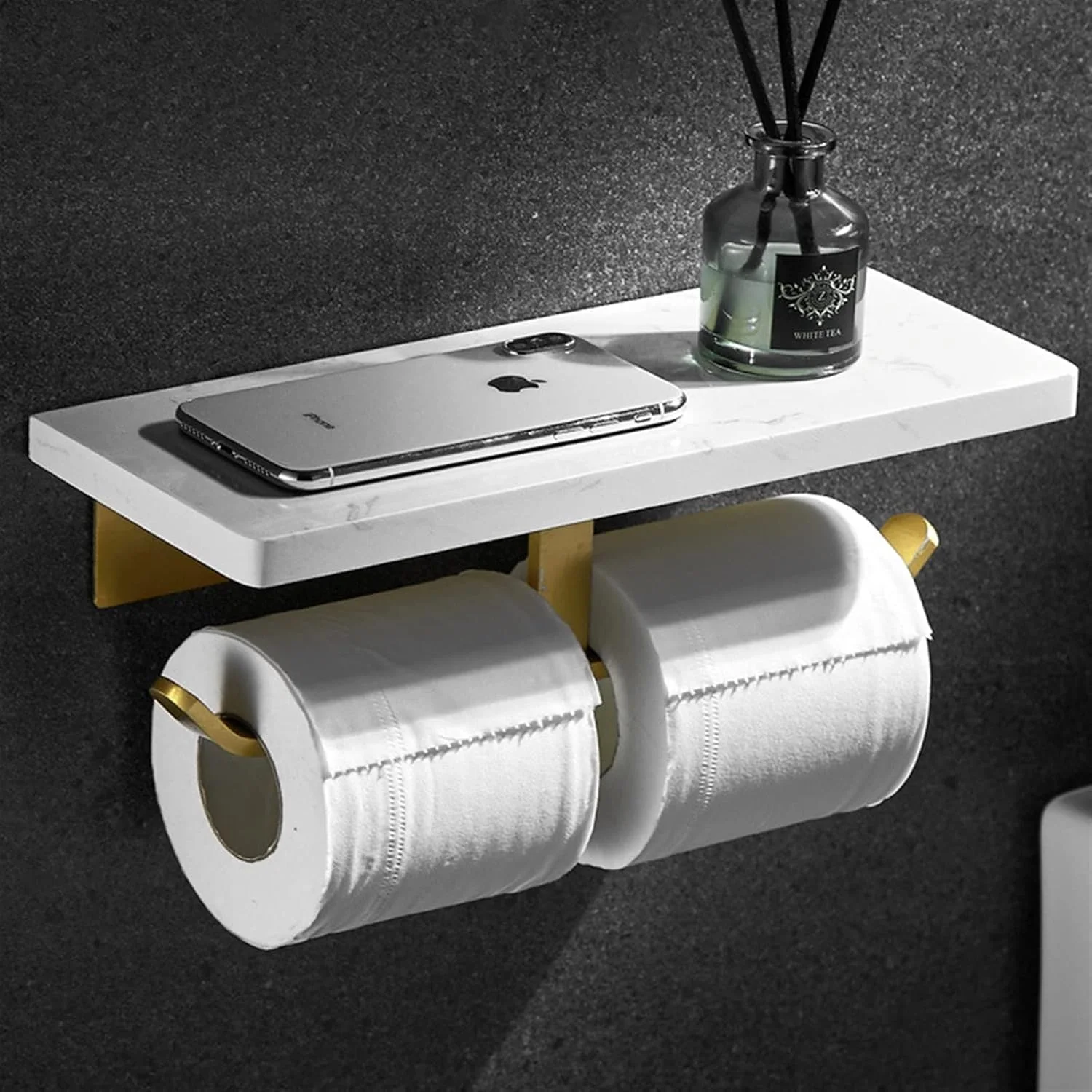 نگهدارنده دستمال توالت HNGFBFF، جا حوله ای مرمر سفید دوبل با قفسه (2)