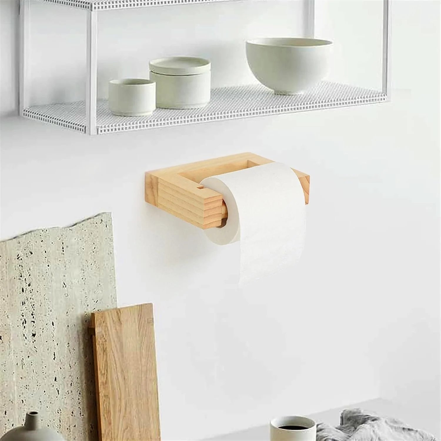 نگهدارنده دستمال توالت HNGFBFF مربع چوبی بدون سوراخکاری مناسب آشپزخانه و سرویس بهداشتی