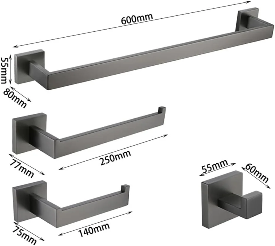 ست لوازم جانبی حمام رنگ خاکستری تفنگی شامل جا حوله ای، جا دستمال توالت، آویز لباس، نصب دیواری با تزیینات طلایی، ست 4 تکه (مشکی 4 تکه)