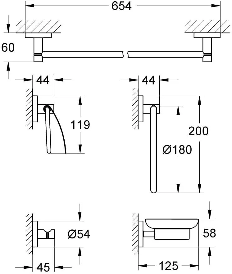 ست لوازم جانبی حمام اصلی 5 تکه GROHE Essentials | حلقه حوله / میله حوله 600 میلی متری / آویز لباس / جا دستمال کاغذی با پوشش / جا صابونی با نگهدارنده | اتصال مخفی | 40344001