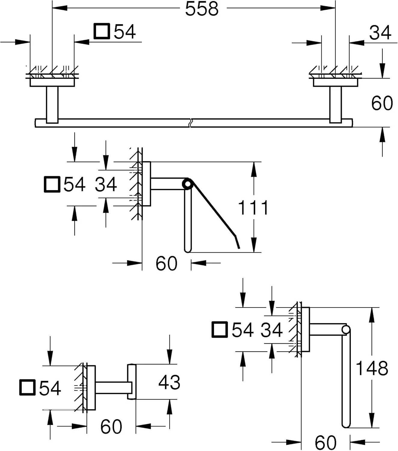 ست لوازم جانبی حمام 4 تکه GROHE Start Cube 411152430 بدون نیاز به سوراخکاری (نگهدارنده کاغذ توالت، نگهدارنده حوله، قلاب، نگهدارنده حوله حمام، قابلیت نصب با پیچ یا چسب، شامل پیچ و رولپلاک، بدون چسب)، مشکی