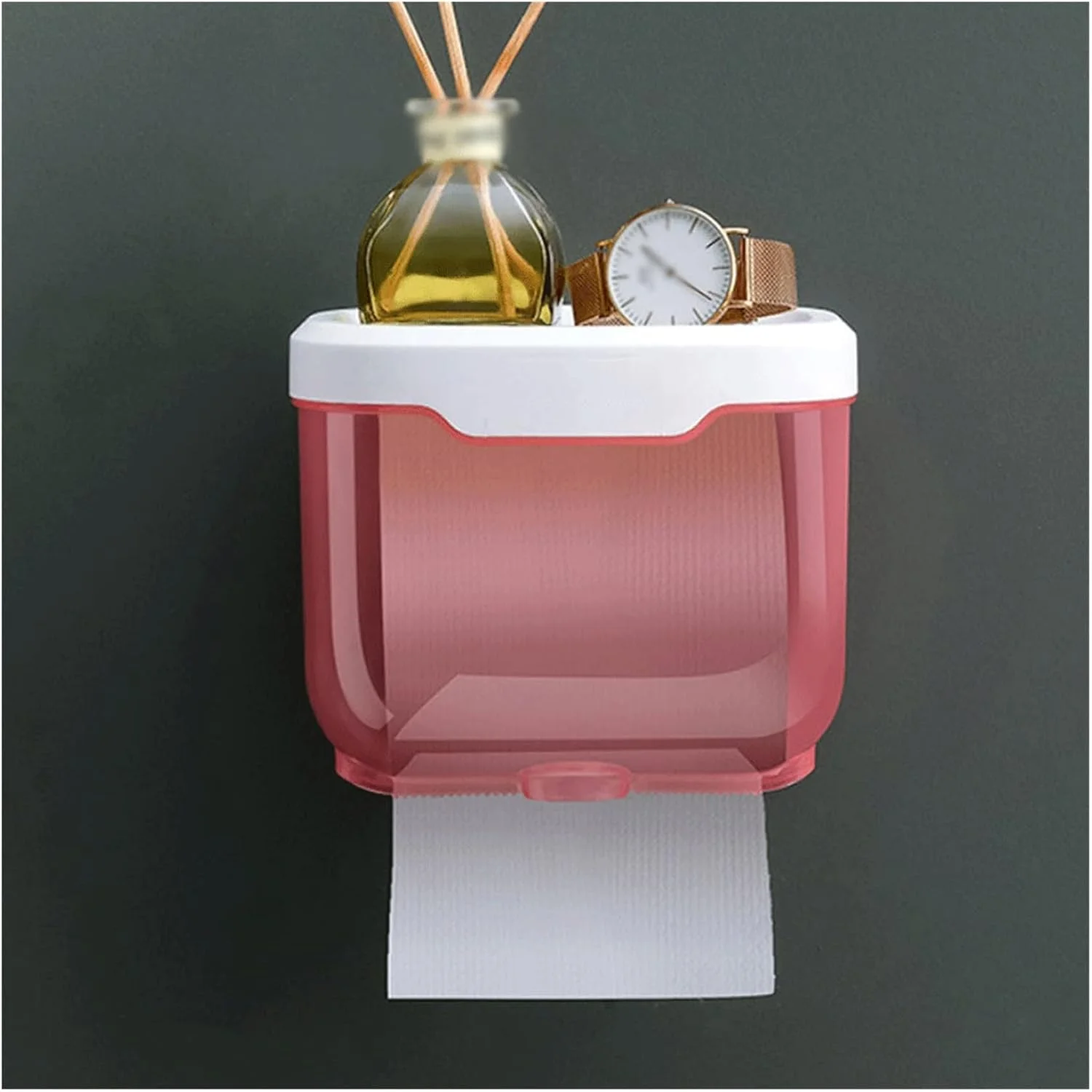 GPERSGU Wall Mount Bathroom Tissue Storage Box Punch-Free Home Supplies Phone Rack Case Toilet Paper Holder Waterproof Shelf(Rosso)