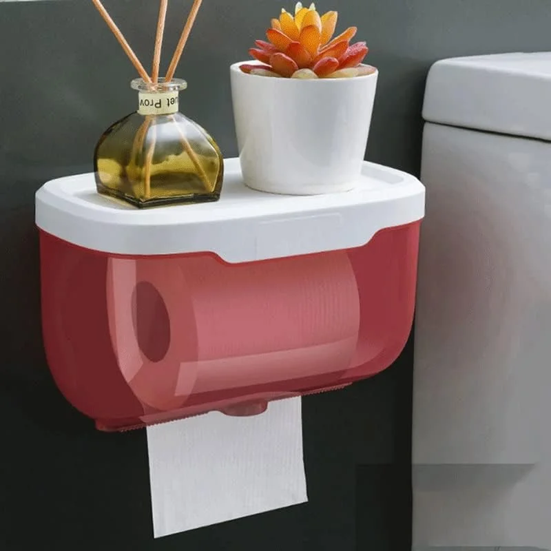 GPERSGU Wall Mount Bathroom Tissue Storage Box Punch-Free Home Supplies Phone Rack Case Toilet Paper Holder Waterproof Shelf(Rosso)