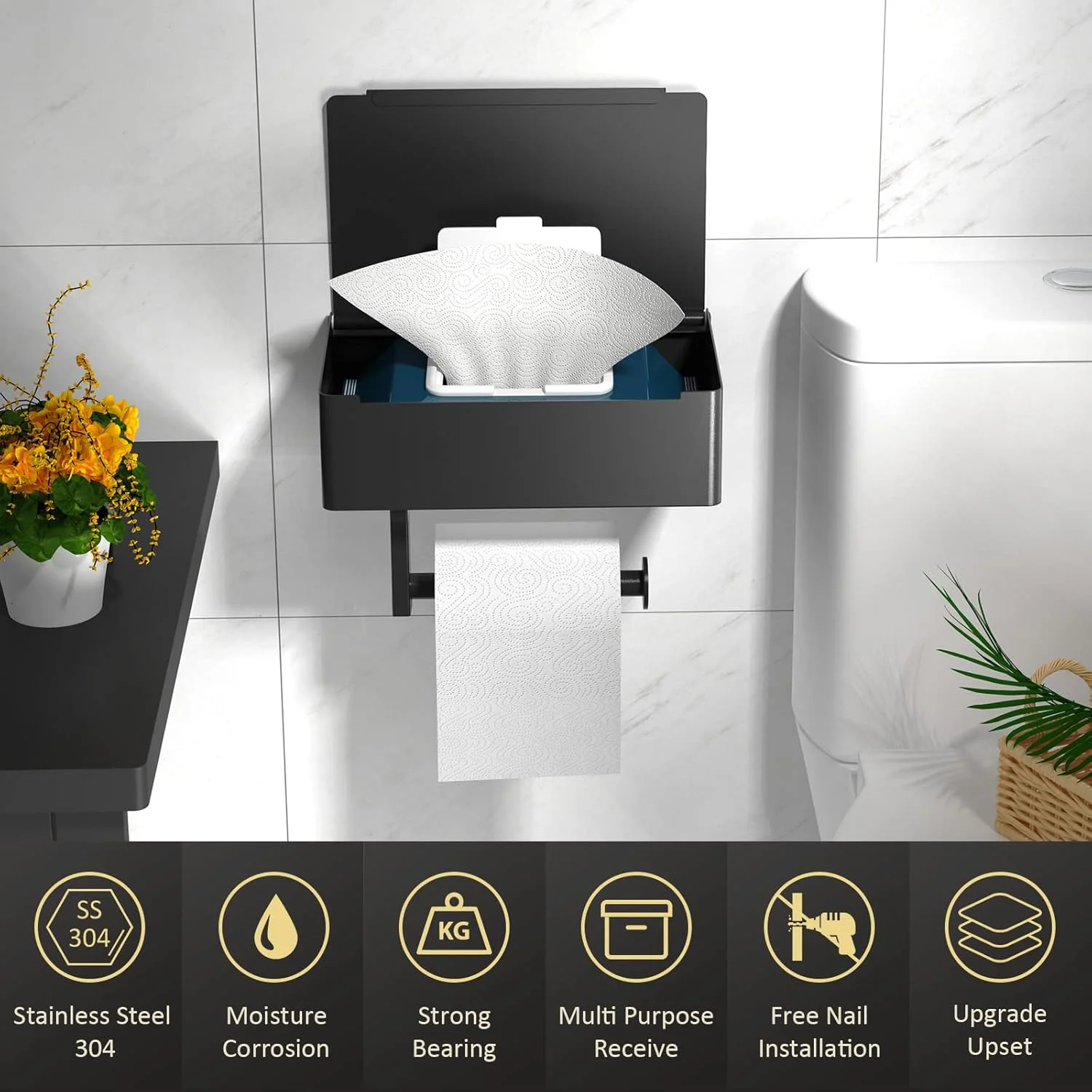 نگهدارنده دستمال توالت Gokda با قفسه، پخش کننده دستمال مرطوب و محل نگهداری، استیل ضد زنگ، نصب دیواری، مشکی مات، ارتقا یافته برای نگهداری دستمال توالت و دستمال مرطوب قابل شستشو برای حمام
