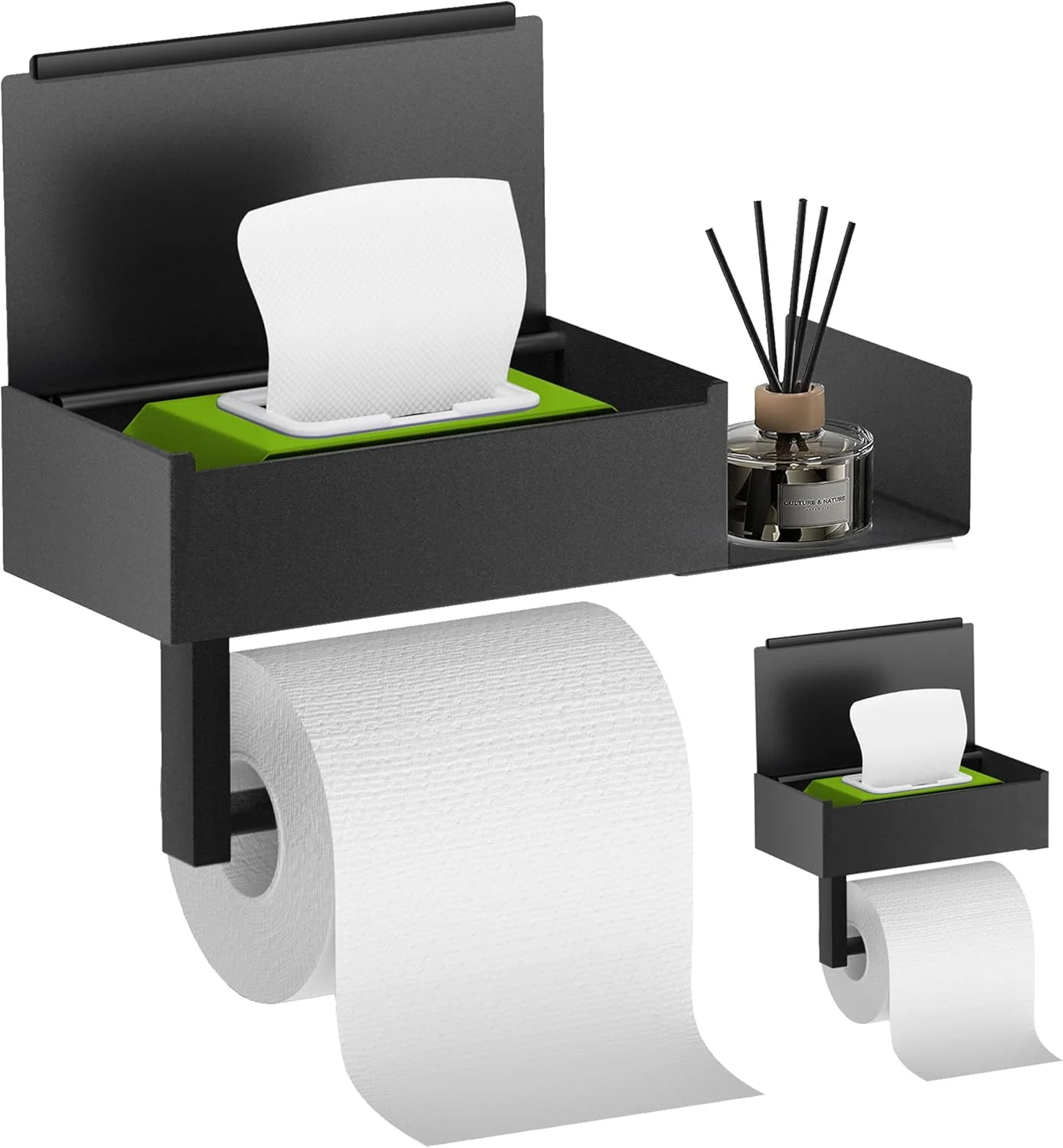 FUNLEU Large Toilet Paper Holder with Shelf and Storage, Wall Mount or Adhesive Flushable Wipes Dispenser for Bathroom Organizer, Keep Your Wipes Hidden, Stainless Steel, Black