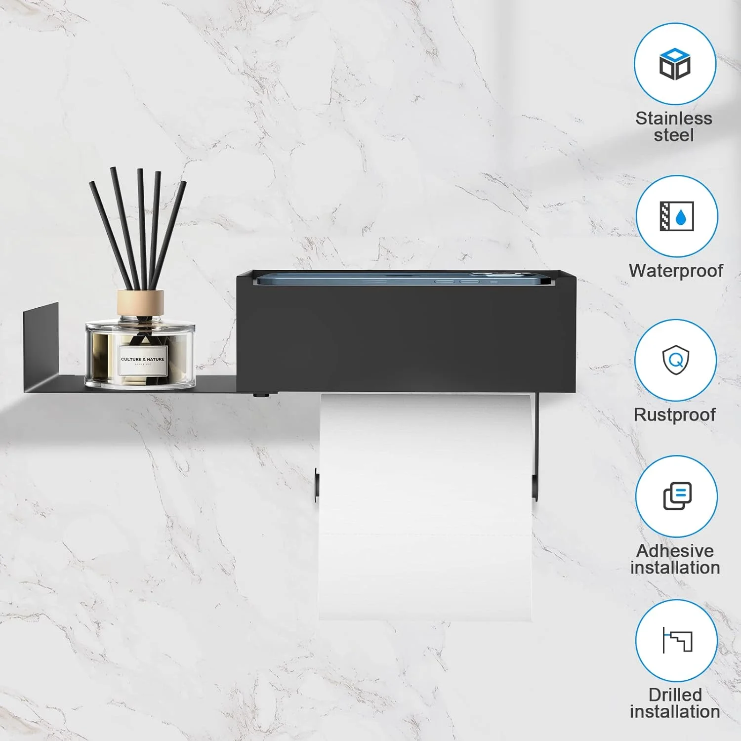 FUNLEU Large Toilet Paper Holder with Shelf and Storage, Wall Mount or Adhesive Flushable Wipes Dispenser for Bathroom Organizer, Keep Your Wipes Hidden, Stainless Steel, Black FUNLEU Large Toilet Paper Holder with Shelf and Storage, Wall Mount or Adhesive Flushable Wipes Dispenser for Bathroom Organizer, Keep Your Wipes Hidden, Stainless Steel, Black