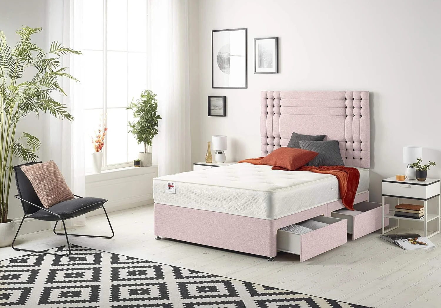 تخت خواب دیوانی Flexby Bed Centre با تشک فنری مموری فوم، 2 کشو با تاج تخت - موجود در پارچه ها و رنگ های مختلف 3FT، 4FT، 4FT6، 5FT و 6FT (تک نفره 3FT، صورتی مخملی)