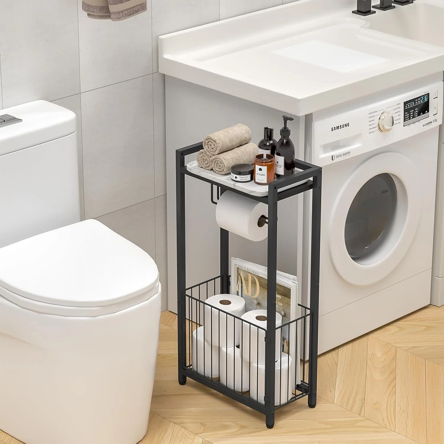 Freestanding Toilet Paper Holder with Storage Shelf – Bathroom Tissue Stand with Space for Phone, Tablet, and Magazines – All-in-One Toilet Roll Dispenser and Organizer Freestanding Toilet Paper Holder with Storage Shelf – Bathroom Tissue Stand with Space for Phone, Tablet, and Magazines – All-in-One Toilet Roll Dispenser and Organizer