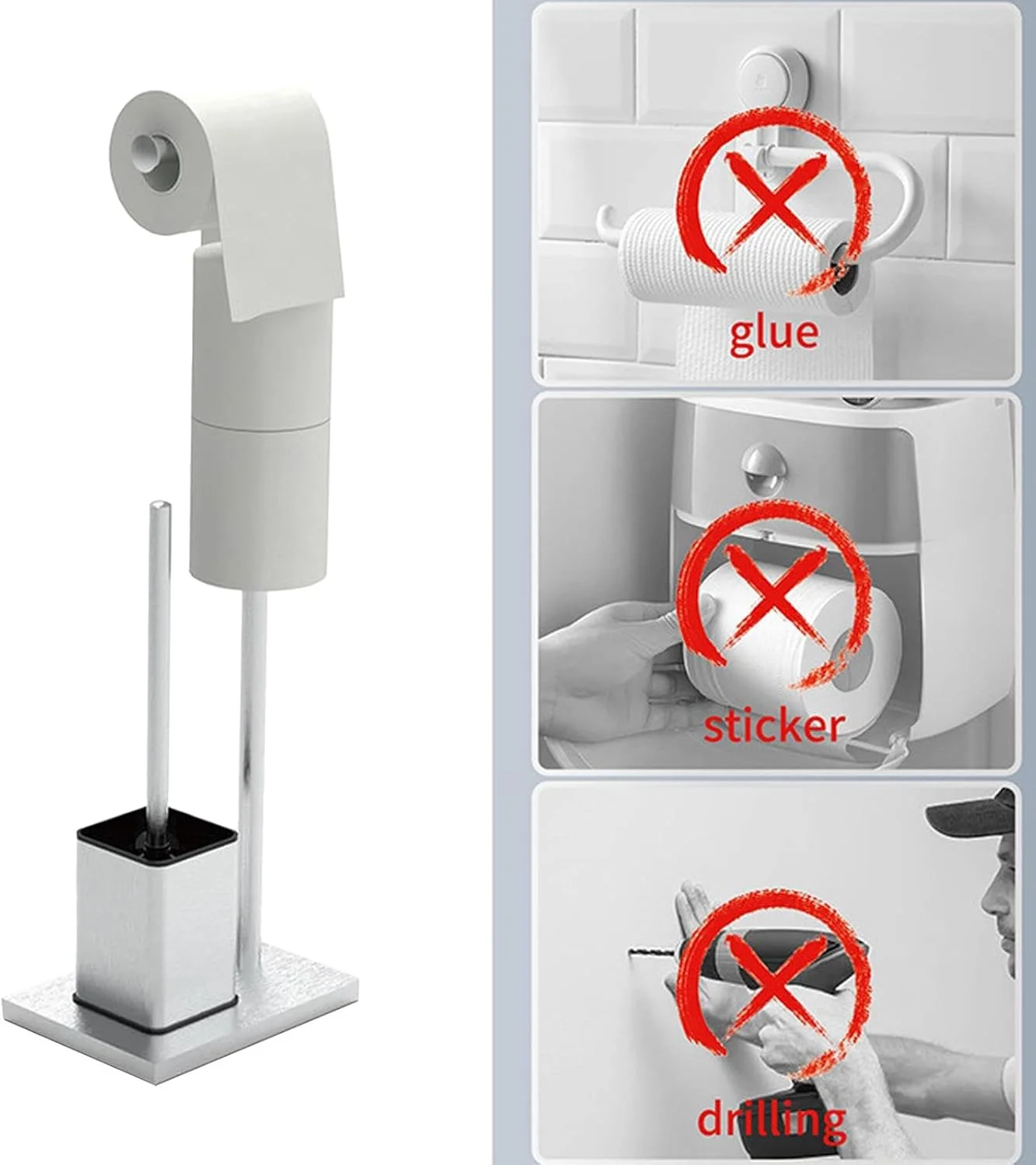 Freestanding Toilet Paper Holder - Stainless Steel Freestanding Towel Roll Container,Multifunctional Standing Toilet Paper Brush Holder for Home, Restroom, Hotel Freestanding Toilet Paper Holder - Stainless Steel Freestanding Towel Roll Container,Multifunctional Standing Toilet Paper Brush Holder for Home, Restroom, Hotel