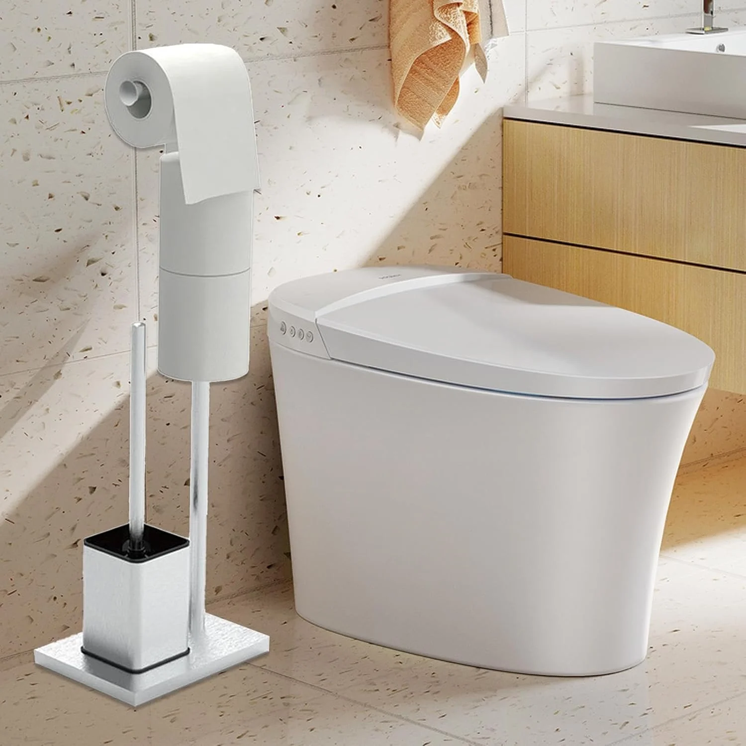 Freestanding Toilet Paper Holder - Stainless Steel Freestanding Towel Roll Container,Multifunctional Standing Toilet Paper Brush Holder for Home, Restroom, Hotel Freestanding Toilet Paper Holder - Stainless Steel Freestanding Towel Roll Container,Multifunctional Standing Toilet Paper Brush Holder for Home, Restroom, Hotel