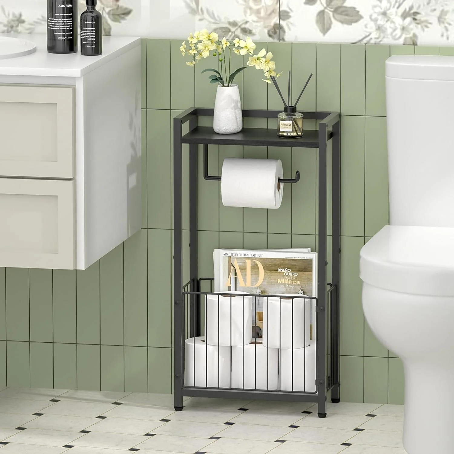 Freestanding Toilet Paper Holder with Storage Shelf – Bathroom Tissue Stand with Space for Phone, Tablet, and Magazines – All-in-One Toilet Roll Dispenser and Organizer Freestanding Toilet Paper Holder with Storage Shelf – Bathroom Tissue Stand with Space for Phone, Tablet, and Magazines – All-in-One Toilet Roll Dispenser and Organizer