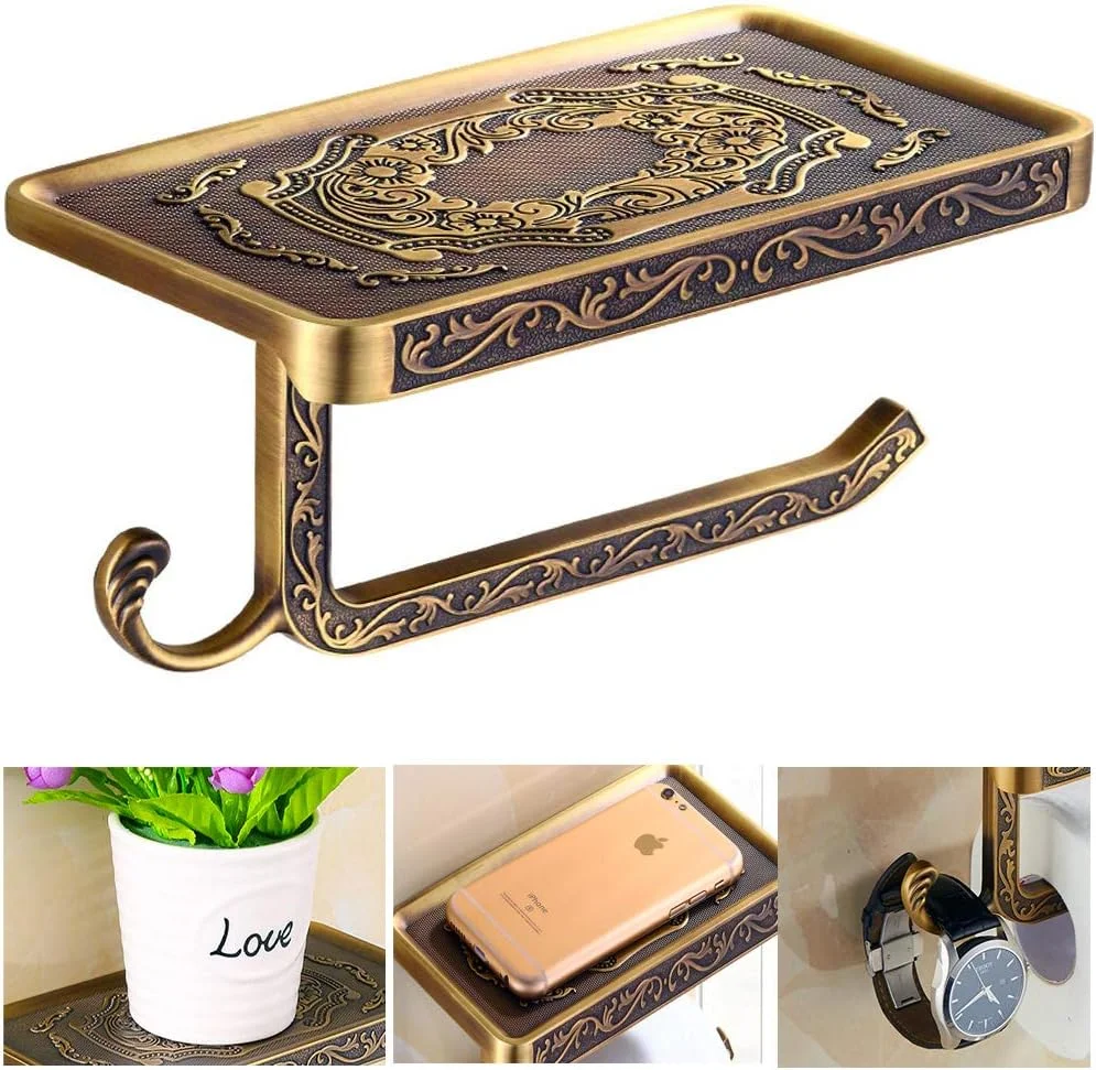 جا دستمال کاغذی برنزی فردیسو، جا حوله ای دستمال کاغذی برنجی عتیقه، نگهدارنده کاغذ دیواری ممتاز با قفسه و قلاب