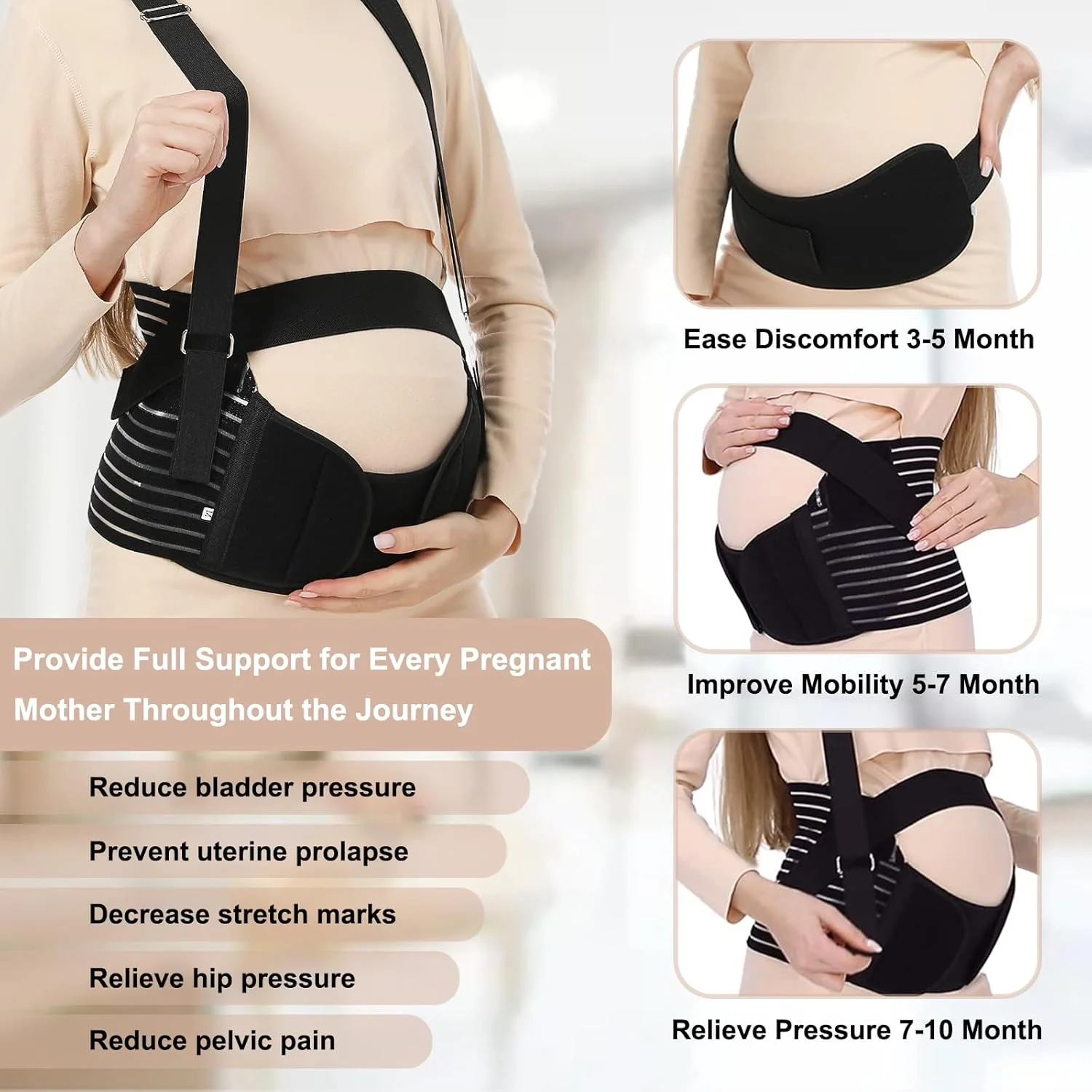 کمربند بارداری HUICHENDA، شکم بند برای زنان باردار، کمربند پشتیبانی شکمی قابل تنظیم با بند شانه برای تمام مراحل بارداری و پس از زایمان، تسکین موثر فشار کمری (L)