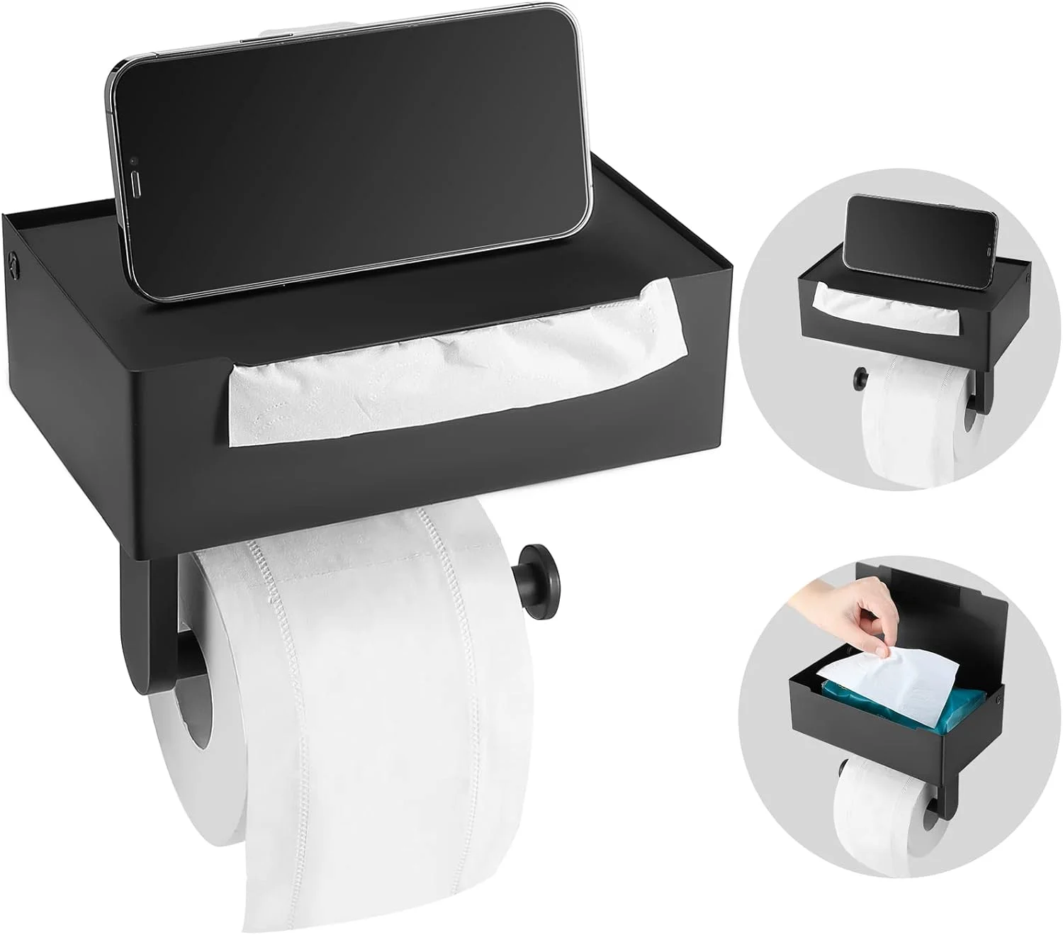 جا دستمال توالت با قفسه و محفظه دستمال مرطوب، جا دستمال کاغذی دیواری مشکی مات استیل ضد زنگ برای نگهداری دستمال توالت رولی
