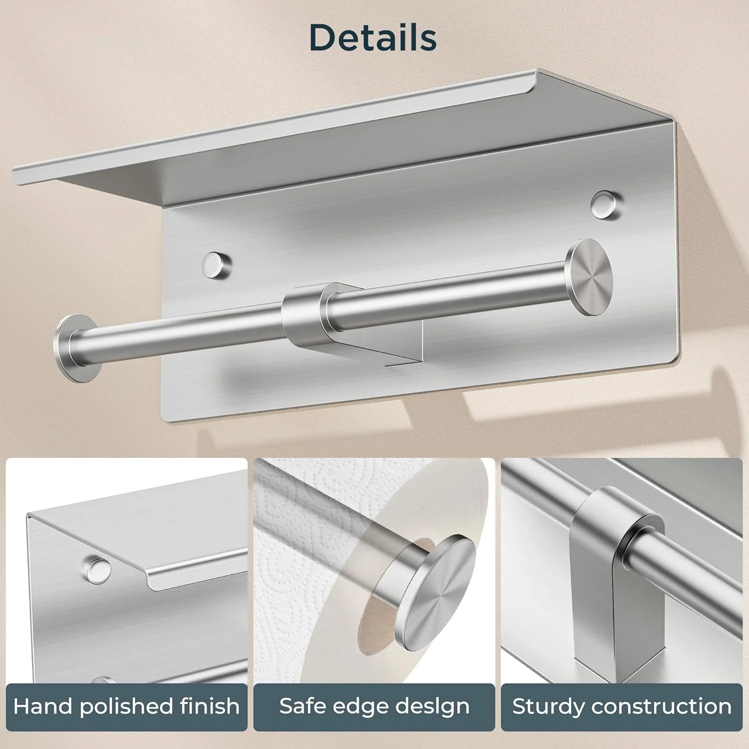 جا دستمال کاغذی دو قلو فوریاس با قفسه، نیکل برس خورده، جا دستمال کاغذی رولی [استیل 304] برای نصب دیواری حمام، جا دستمال کاغذی دو قلو با قفسه برای نگهداری تلفن و دستمال مرطوب