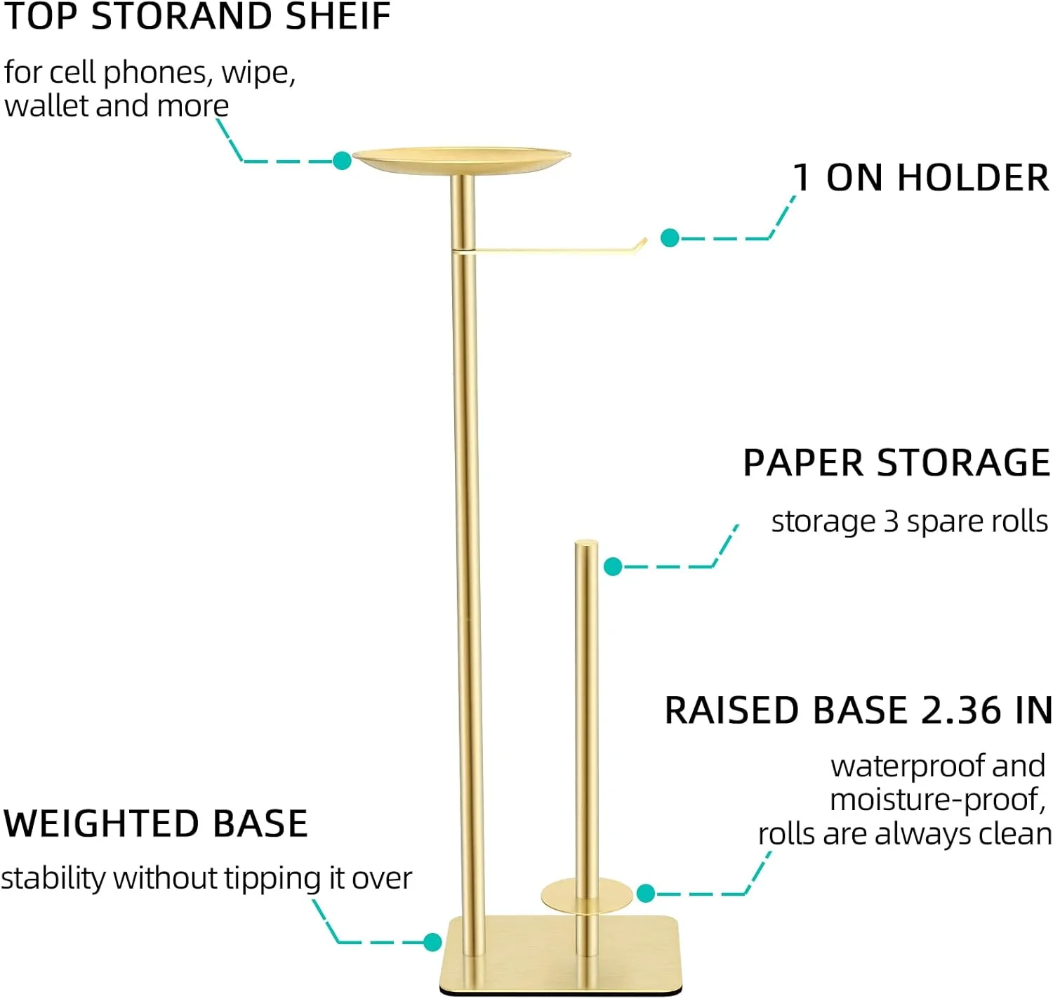 پایه نگهدارنده رول دستمال توالت FEILERN، مناسب برای قرارگیری در حمام، دارای محفظه ذخیره سازی 4 رول اضافی، به همراه قفسه بالایی برای نگهداری تلفن همراه، دستمال مرطوب، کیف پول و موارد دیگر (طلایی) پایه نگهدارنده رول دستمال توالت FEILERN، مناسب برای قرارگیری در حمام، دارای محفظه ذخیره سازی 4 رول اضافی، به همراه قفسه بالایی برای نگهداری تلفن همراه، دستمال مرطوب، کیف پول و موارد دیگر (طلایی)
