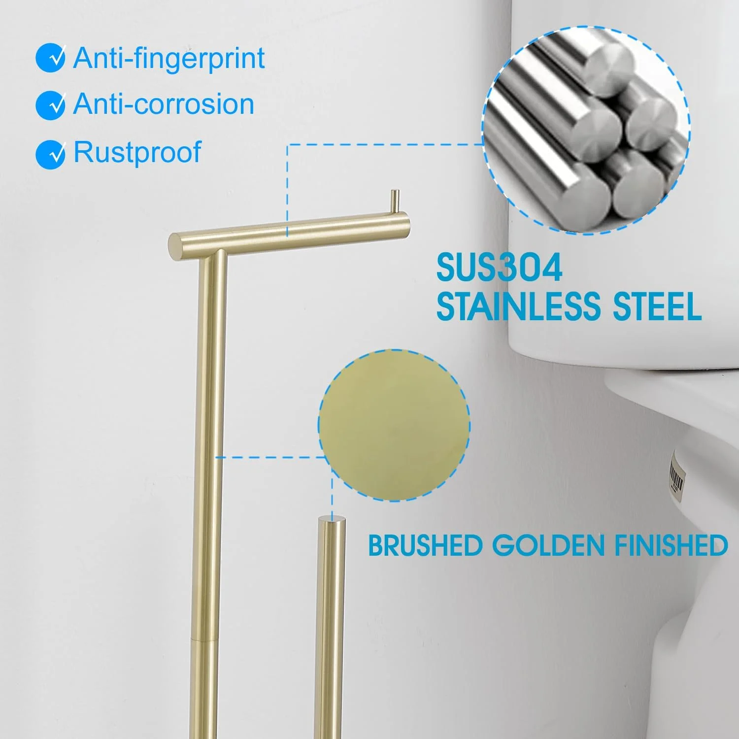 جا دستمال توالت ایستاده FFK، پایه نگهدارنده رول دستمال کاغذی توالت با ارتفاع 54.5 سانتی متر با محفظه ذخیره سازی، استیل ضد زنگ SUS304، طلایی جا دستمال توالت ایستاده FFK، پایه نگهدارنده رول دستمال کاغذی توالت با ارتفاع 54.5 سانتی متر با محفظه ذخیره سازی، استیل ضد زنگ SUS304، طلایی